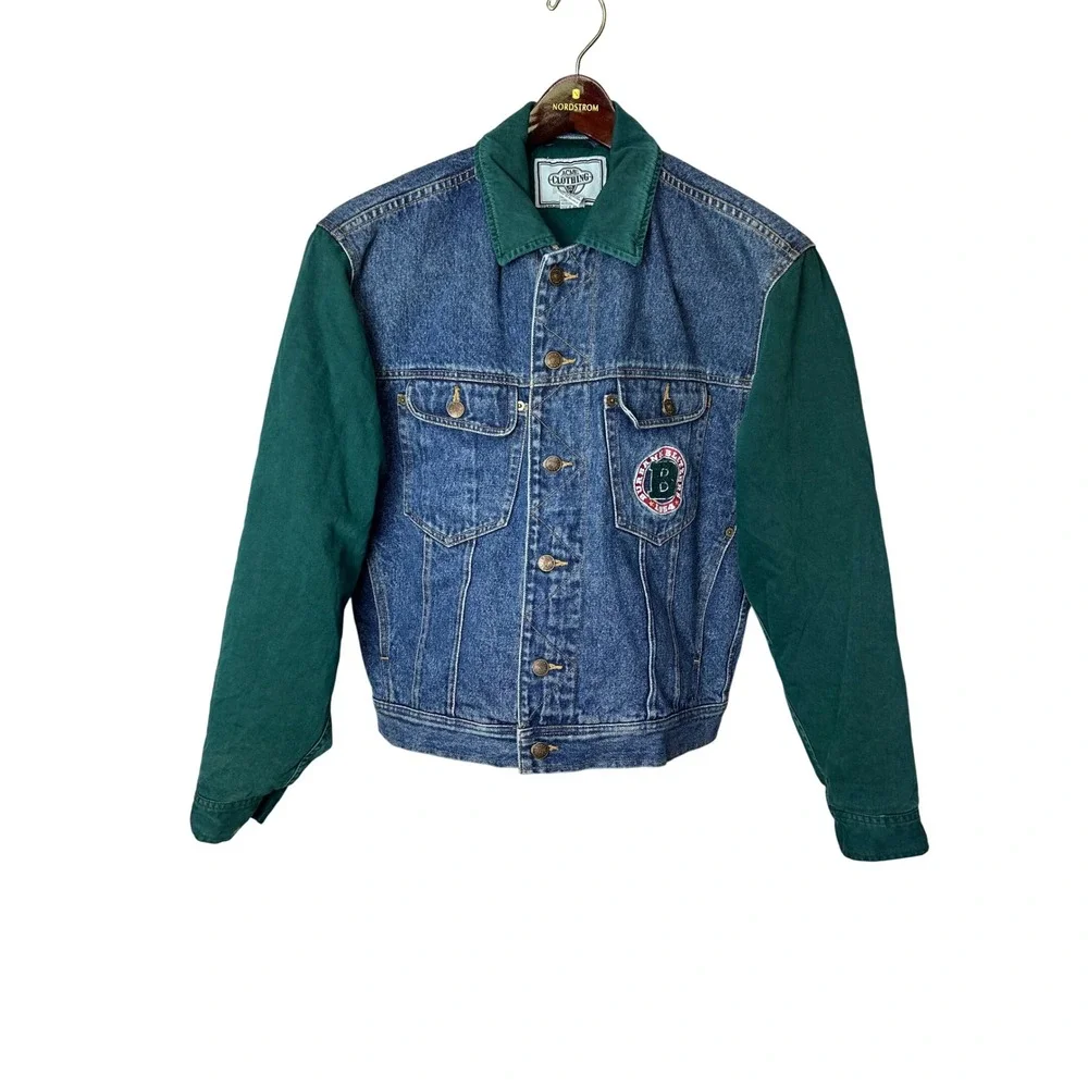 Vintage Denim Jacket Looney‎ Tunes Character Patch Green Sleeve Lined Mens M 90s